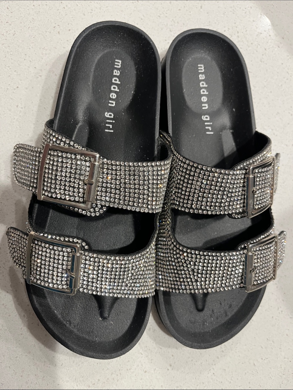 Madden Girl Black Slide Sandals with Silver Rhinestone Buckles